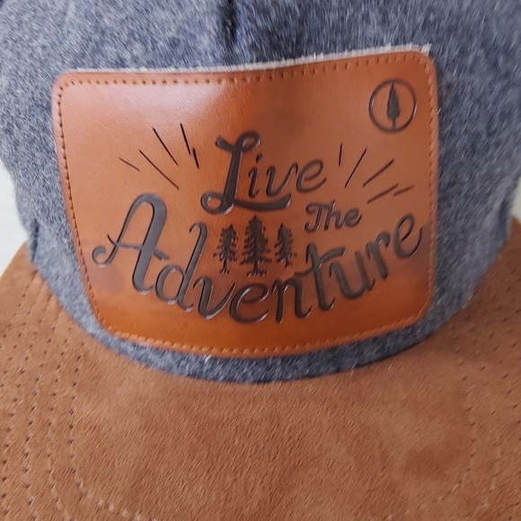 Live The Adventure Gray and Brown Wool Blend Camp Hat Cap Leather Emblem w Trees - Picture 7 of 10
